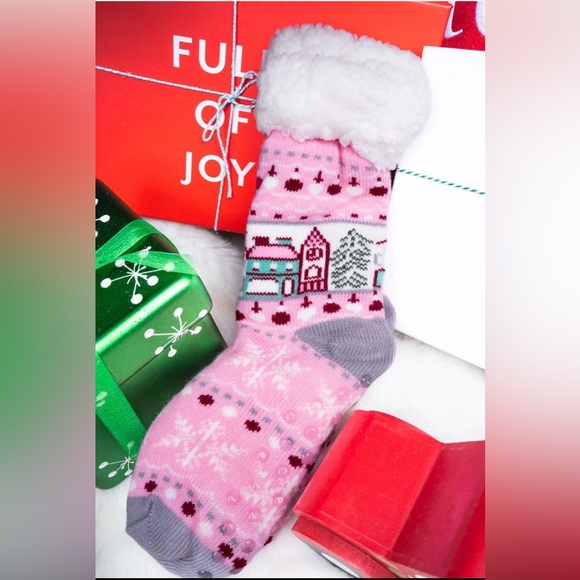 PINK WINTER WONDERLAND SHERPA LINED SLIPPER SOCKS NEW Cozy OSFM - Picture 1 of 1